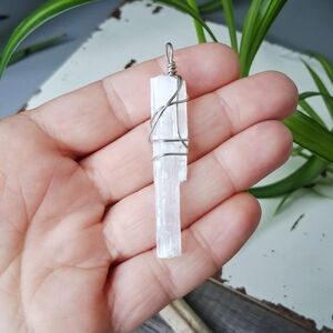 White Selenite Crystal Pendant with Silver Wire Wrap
